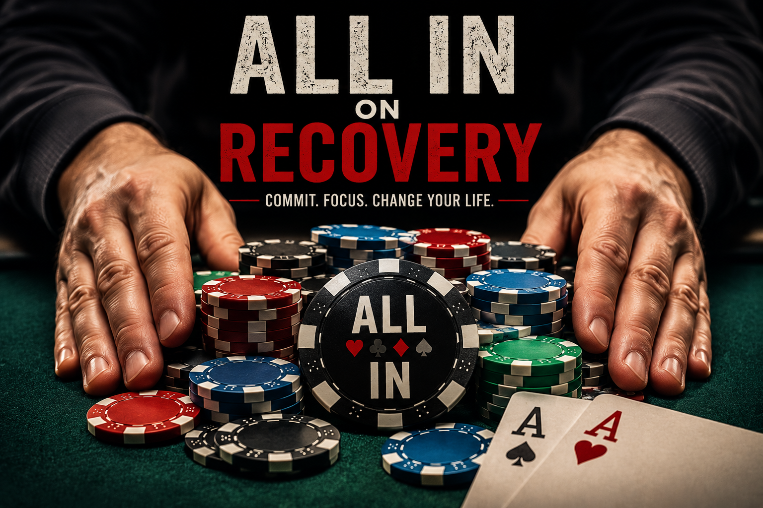 Hands pushing poker chips into the center of a poker table symbolizing complete commitment to addiction recovery and sobriety.