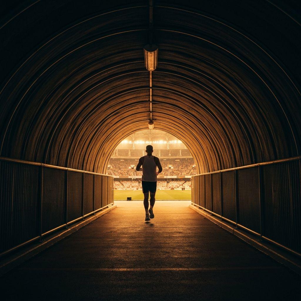 Silhouette of a person walking through a stadium tunnel toward a brightly lit arena, symbolizing the courage to begin the journey of recovery.