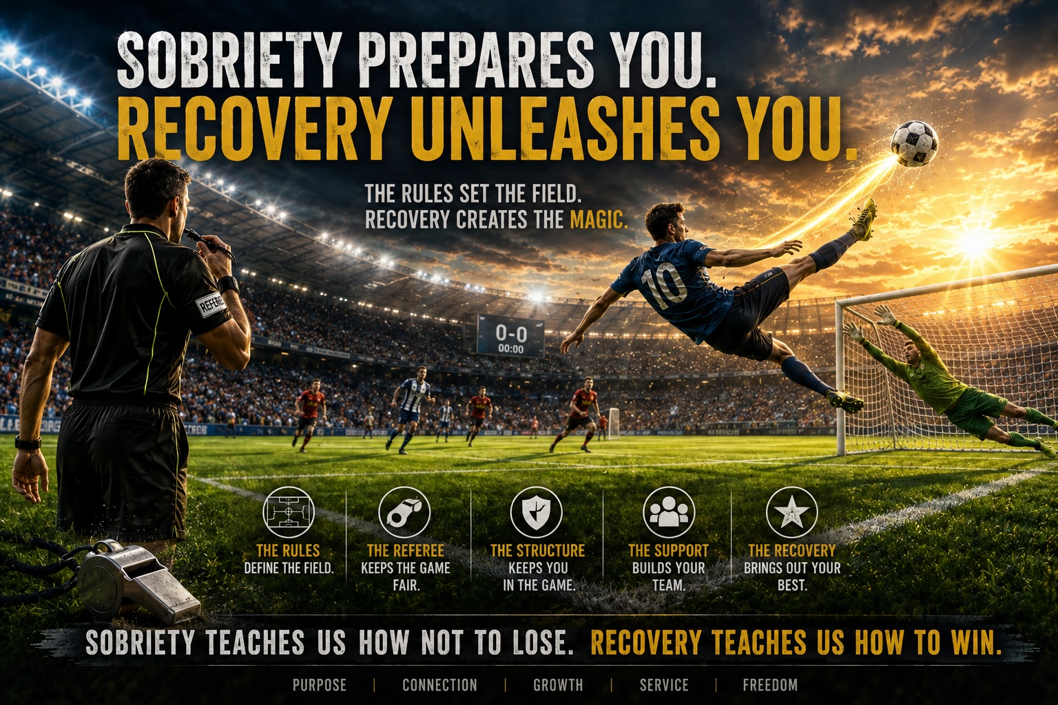 Soccer player performing an extraordinary play while a referee blows the whistle, symbolizing how sobriety provides the structure and recovery unleashes human potential within the boundaries that make growth possible.