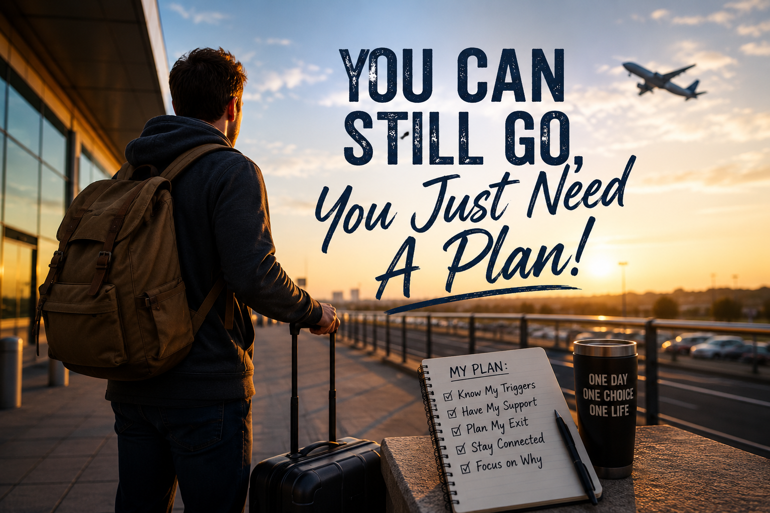 Traveler at an airport preparing for a trip with a recovery plan and support strategy in place.
