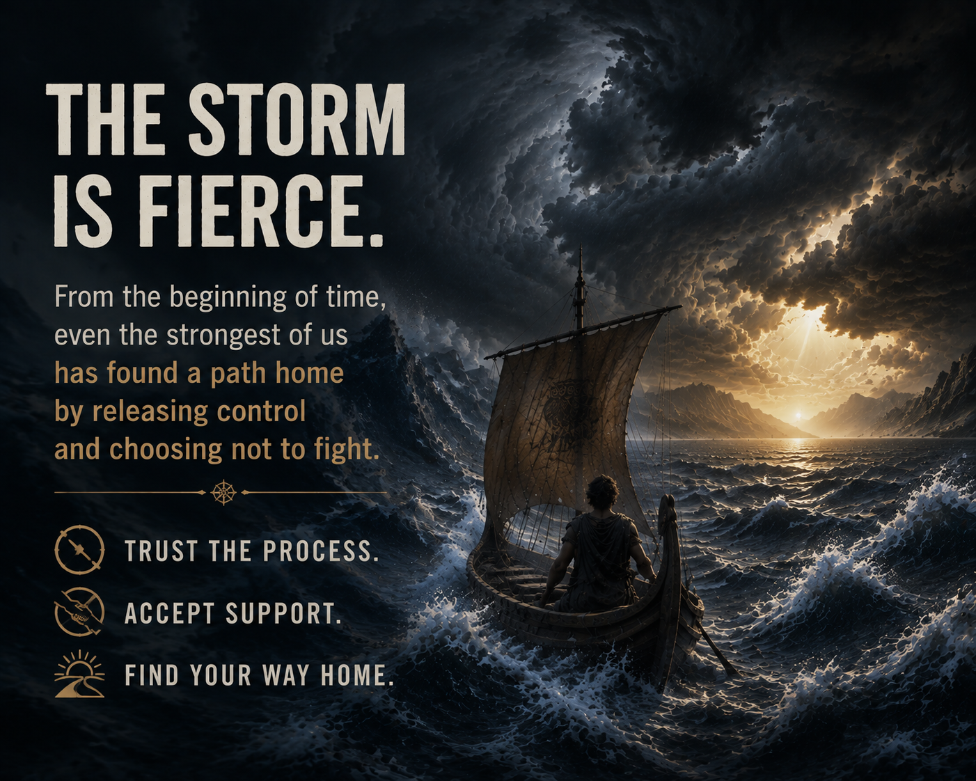 A lone sailor navigates a small boat through a fierce storm toward a break in the clouds, symbolizing resilience, recovery, and finding a path forward.