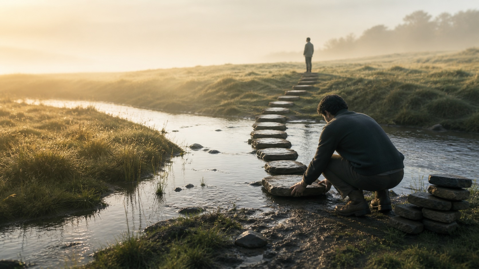 A man placing stepping stones to symbolize rebuilding trust over time