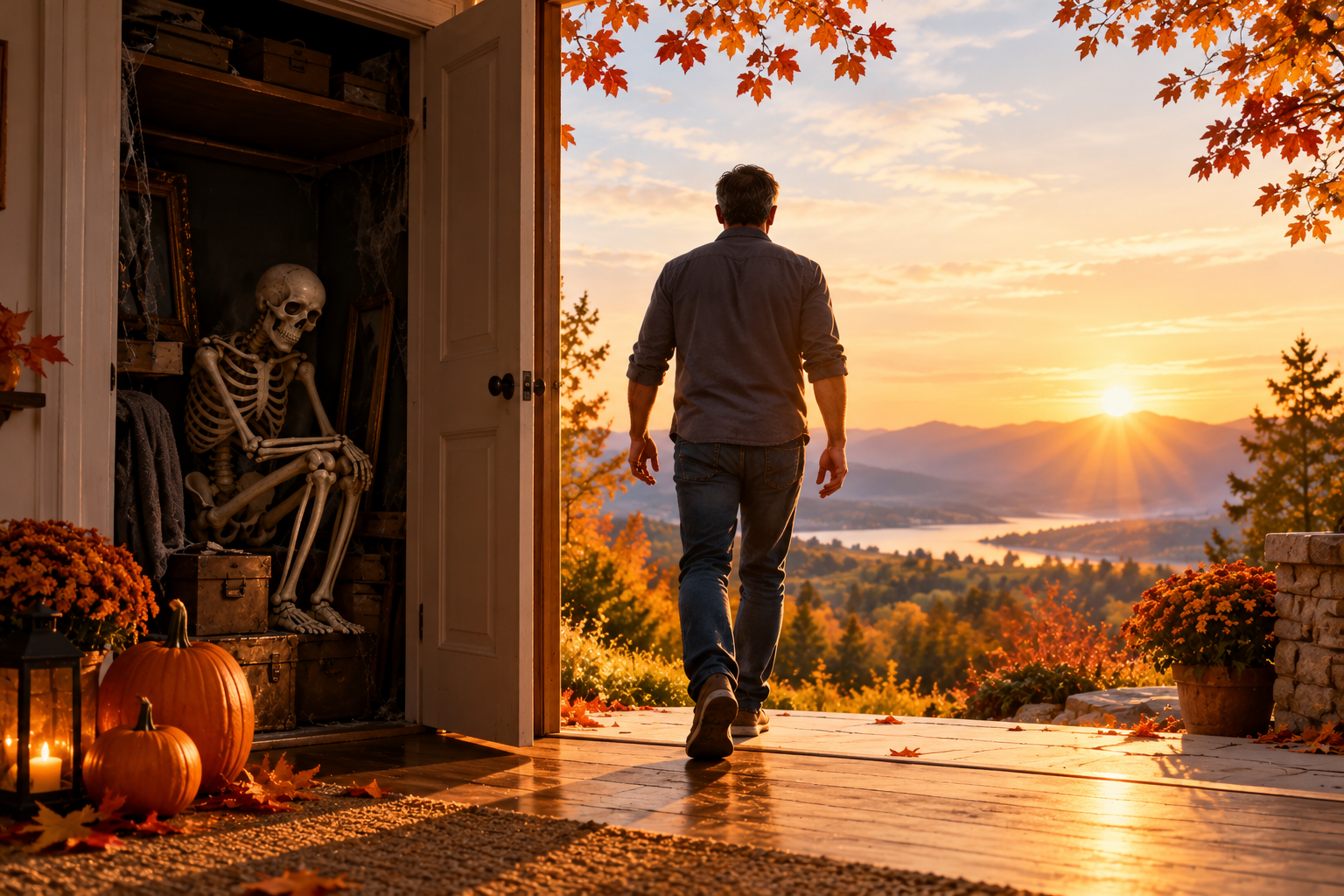 A man walks away from a dark closet containing a skeleton toward a beautiful autumn sunrise, symbolizing hope, healing, and freedom through recovery.