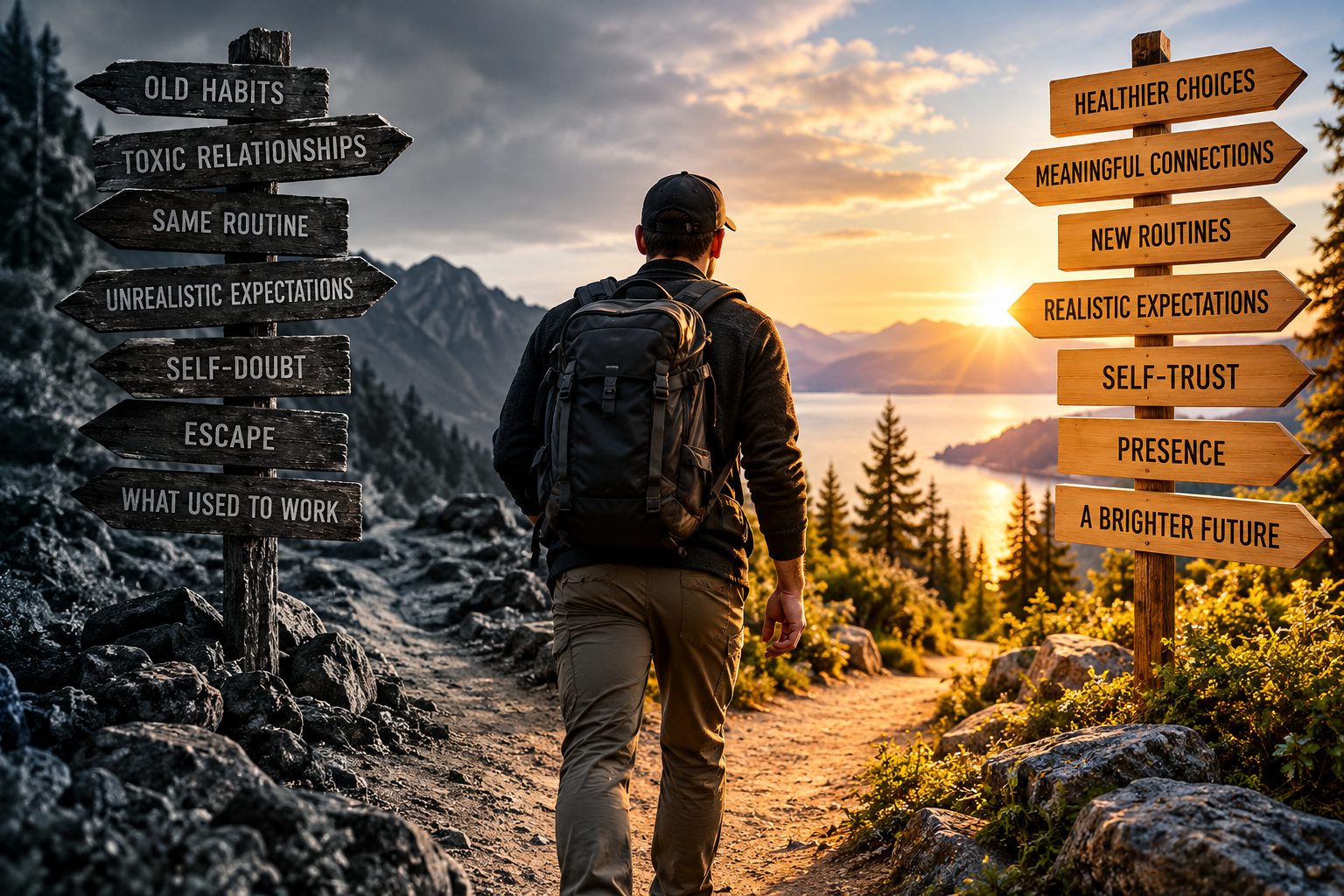 A hiker stands at a crossroads, symbolizing the choices involved in addiction recovery and the opportunity to build a healthier future.